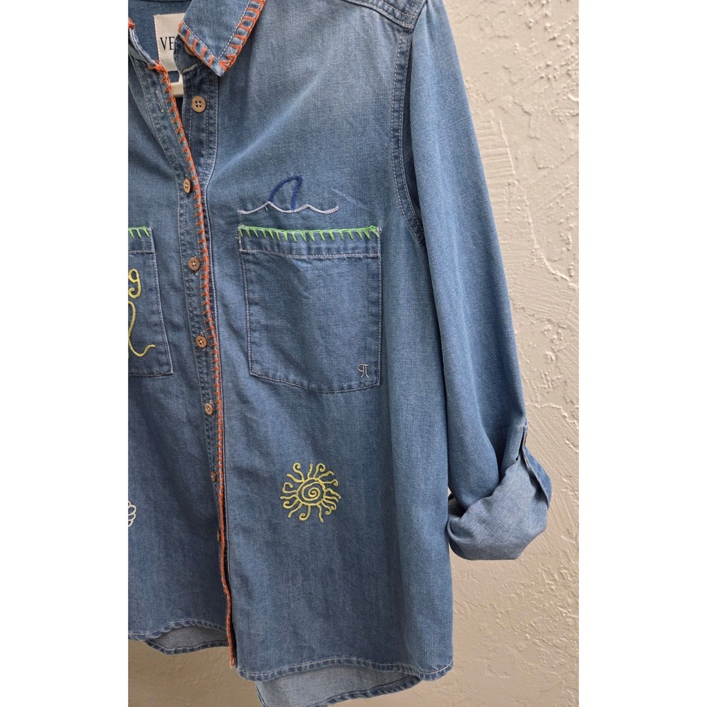 T103. Embroidered Chambray Button Down Shirt - Picture 6 of 6